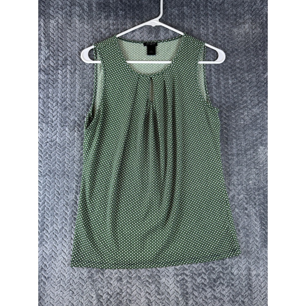 Ann Taylor Blouse Top Womens Small Green White Geometric Pleated Keyhole Front